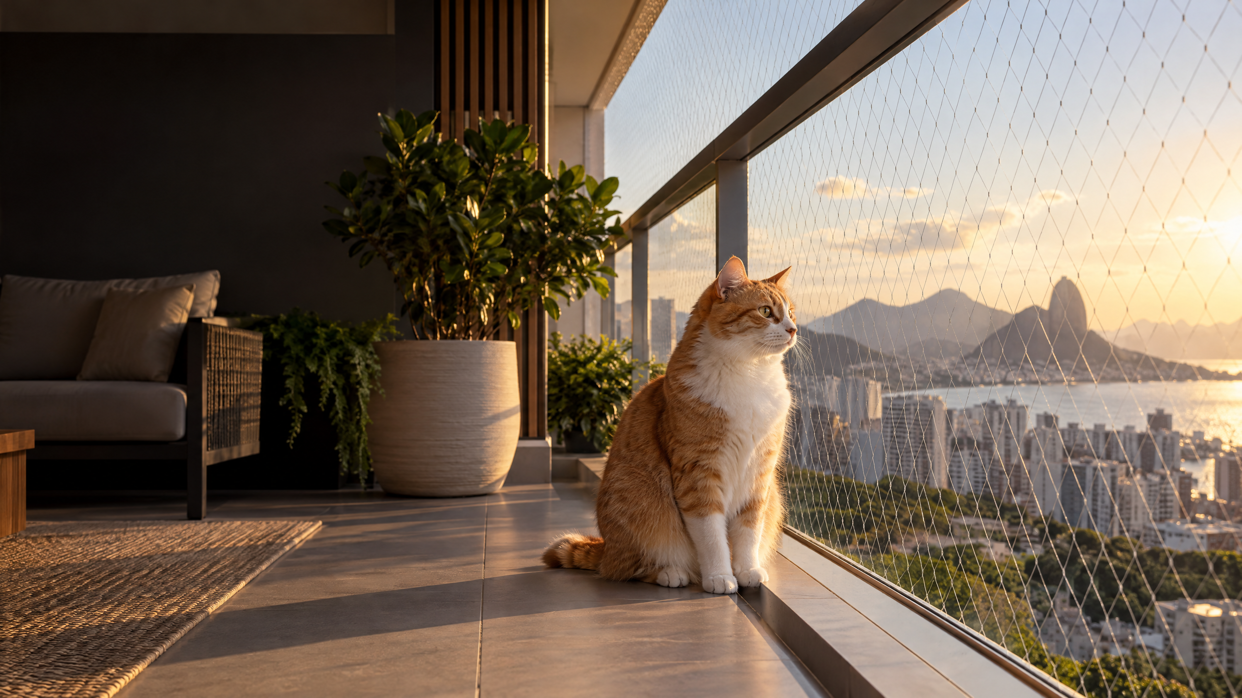 Gato protegido em uma sacada com rede de proteção