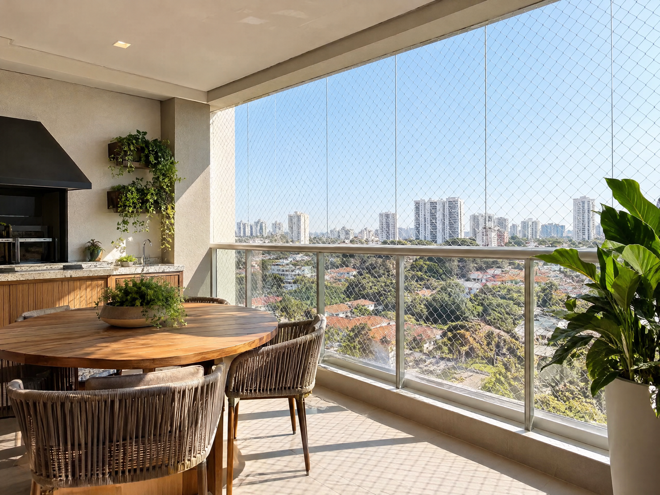 Sacada de apartamento com rede de proteção instalada