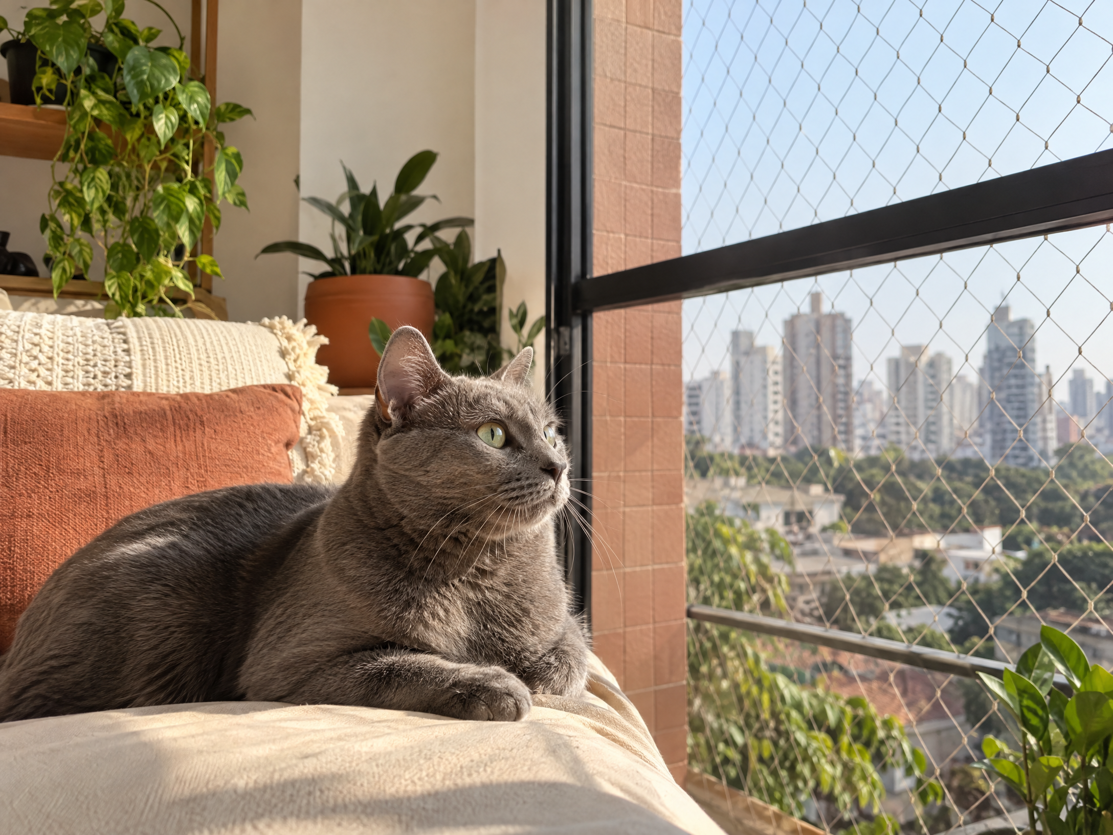 Gato em ambiente protegido com rede de proteção