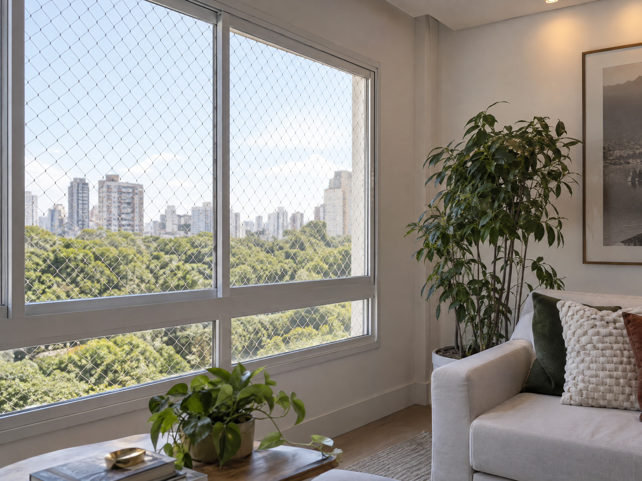 Janela residencial com rede de proteção discreta